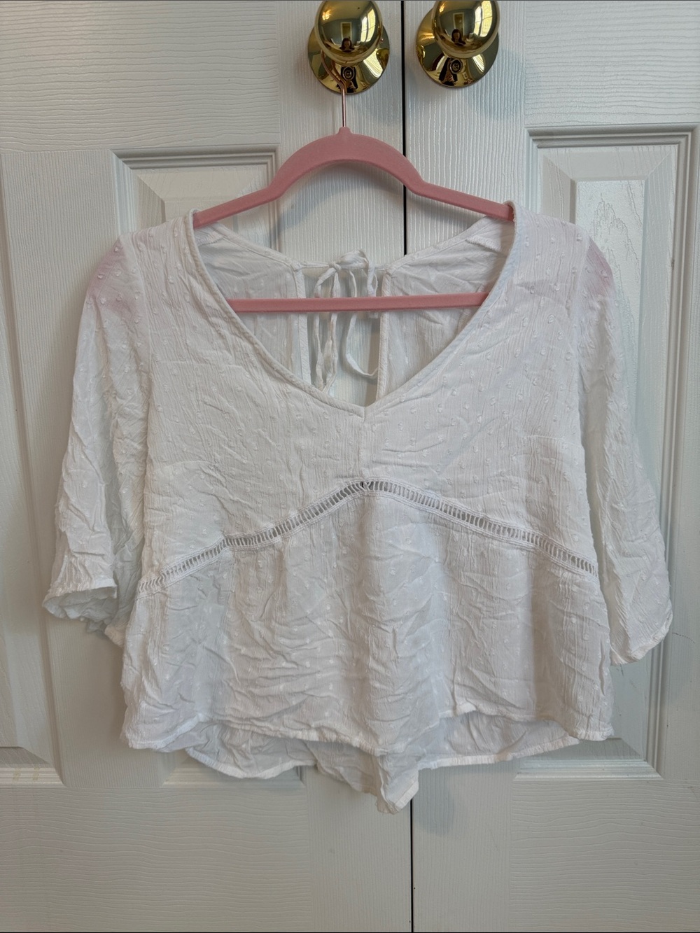 Hollister Women’s V-Neck White Peasant Blouse with Tie Back